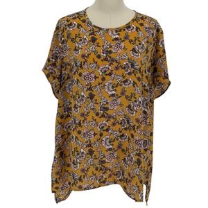 DR2 Yellow Sheer Blouse w/ Pink, Purple, & Green Floral Pattern (Size XL)